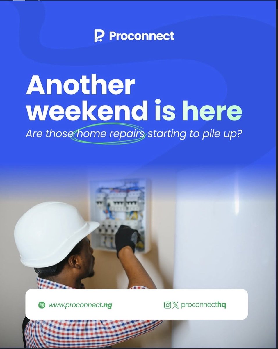 Proconnecthq's tweet photo. From electrical faults to plumbing issues, proconnect helps you find verified artisans near you, fast and stress free. Book a trusted professional and get it done right this weekend. #hireArtisanNigeria #proconnect #Electriciansinlagos #HomerepairsNigeria https://t.co/Sww8CLZbDD