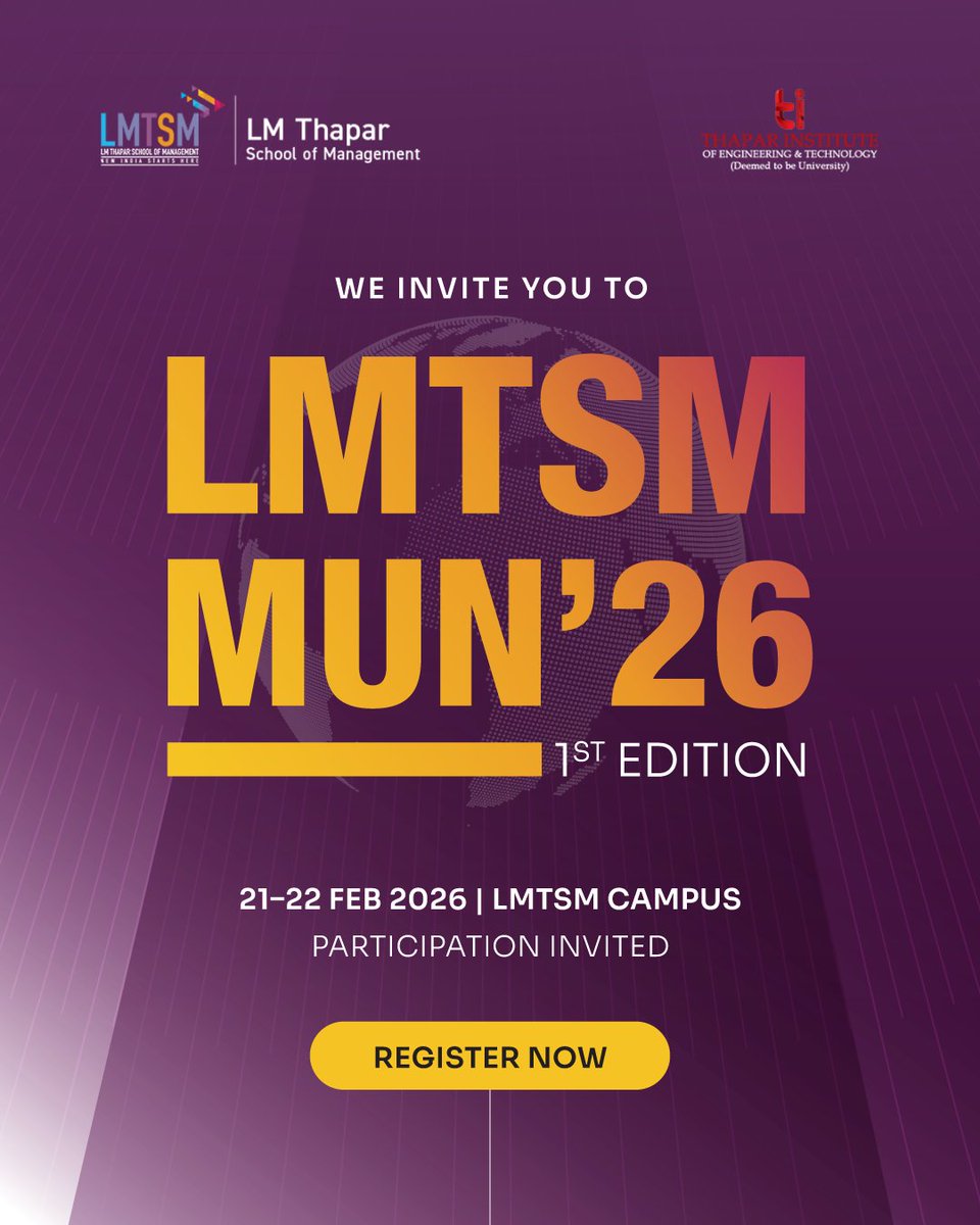 We are proud to announce the launch of LMTSM Model United Nations 2026- a premier inter-college conference designed for those ready to shape global narratives.

Register at docs.google.com/forms/d/e/1FAI…

#LMTSM #LMTSMMUN2026 #Diplomacy #GlobalLeadership #ModelUN #PolicyMaking