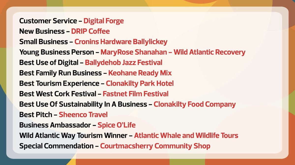 TheVidacademy's tweet photo. @SouthernStarIRL  West Cork Business &amp; Tourism Awards: huge congratulations to all finalists and winners. The standard was so high, and the rigour behind these awards really shows. West Cork business = meitheal, courage and a bit of madness. Privileged to MC it. https://t.co/guUjAgXyDL