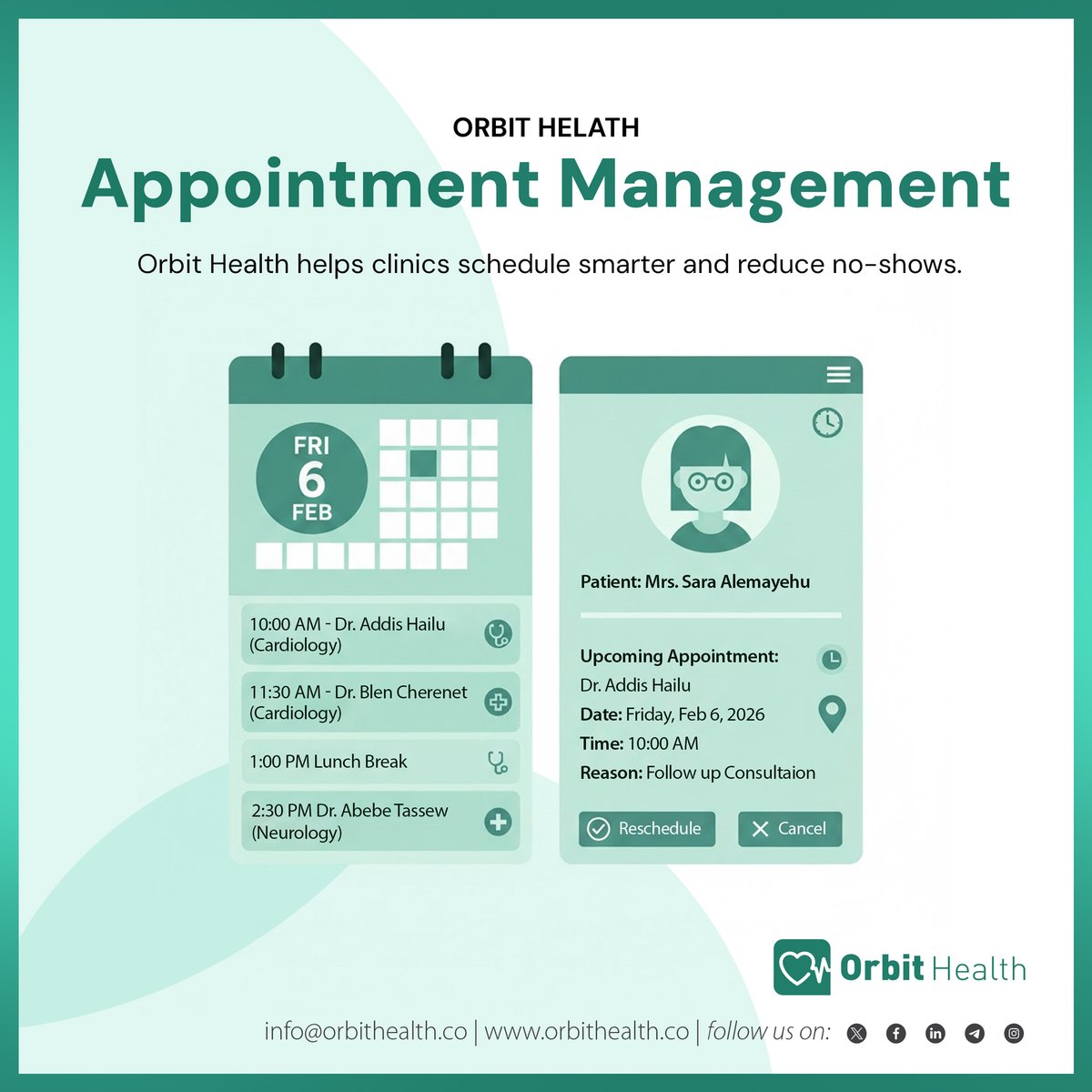 📅 Smarter scheduling. Fewer no-shows.
Missed appointments cost time and revenue. Stop the leak with Orbit Health's digital appointment management.

Optimize your clinic today: orbithealth.co

#OrbitHealth #ClinicEfficiency #DigitalHealth #MedTech