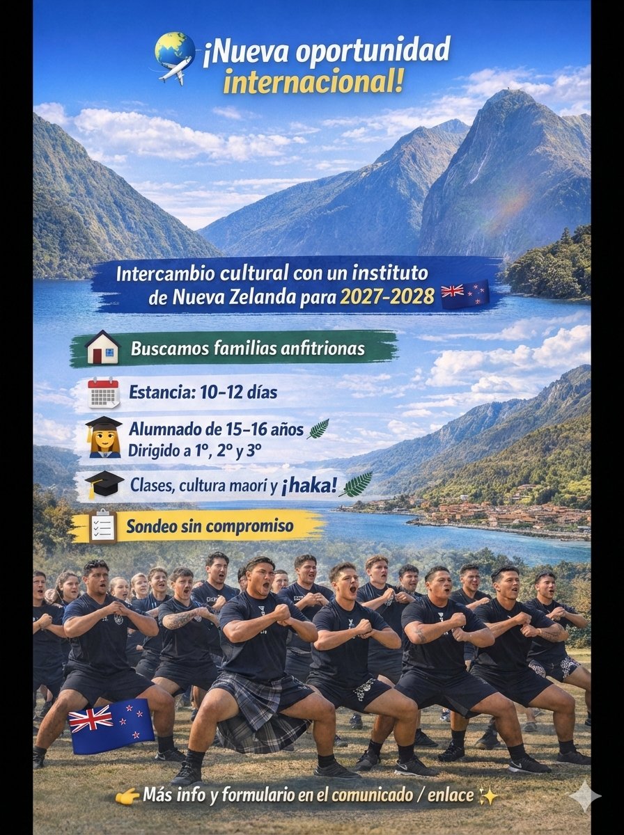 🌏 Sondeo de interés | Proyecto Nueva Zelanda 🇳🇿
Queremos conocer vuestro interés inicial en una posible colaboración con Rolleston College.
📝 Participa aquí 👉
 acortar.link/a9qyJ7
#STEM #bilingüismo #educación #IESAnaFrank