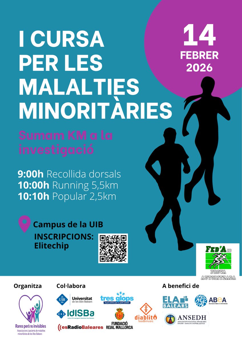 🏃‍♀️ I Cursa per les Malalties Minoritàries 2026
📅 14 de febrer
🕘 9.00 h
📍 UIB
➡️ Una iniciativa que té per objectiu visibilitzar les malalties minoritàries i impulsar-ne la investigació.
➡️ Inscripcions 👇
share.google/96npaB5Pzhoy0D…

<a href="/manuelaG_Romero/">Manuela Garcia Romero</a> <a href="/goib/">Govern de les Illes Balears</a> <a href="/ELABalears/">ELA Balears</a>