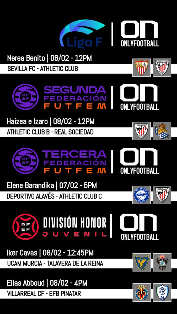 Calendario completo del fin de semana: 📅

Muchos cambios de equipo e incorporaciones a #2RFEF 

Tendremos un #DueloOnlyFootball entre Tomás Inglés (#Albacete) y Choche (#Villarrubia) el sábado 7 en #3RFEF 🔥

Nerea irá a Sevilla convocada con el primer equipo. 💪🏽🔴