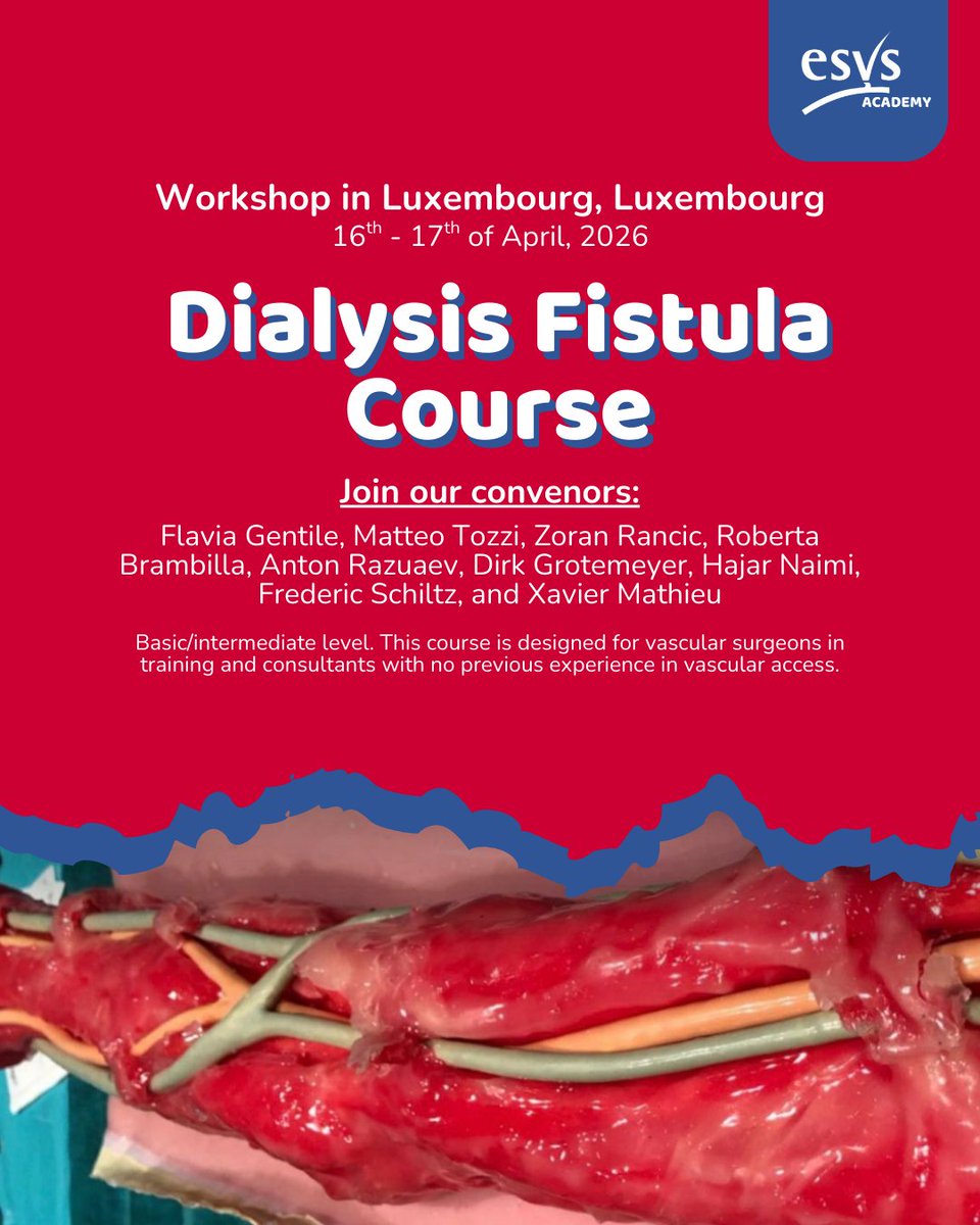 ESVSmembership's tweet photo. Learn how to decide the most appropriate open, endovascular, or hybrid vascular access strategy.

🛠️ Join the ESVS workshop in Luxembourg on dialysis fistula.

You'll get the opportunity to get practical experience in complex access techniques (basilic vein transposition, graft, tunnelling), salvage strategies for stenosis, thrombosis, and failing access, and last chance access options.

Join the workshop here: https://t.co/EnYxM6Xsjz