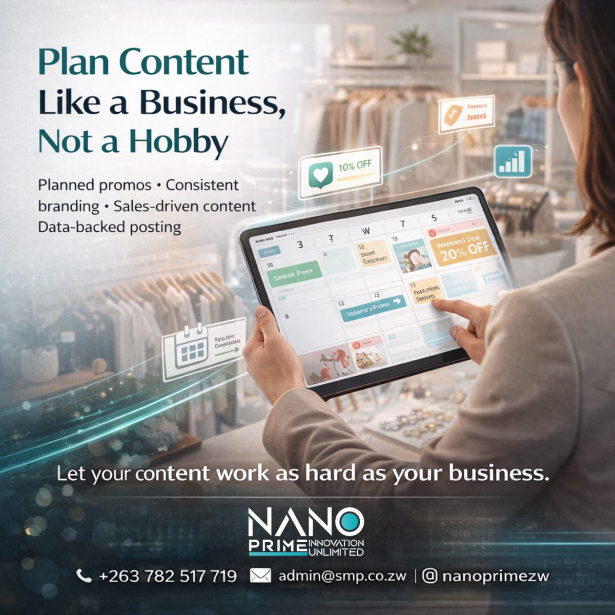 NanoPrimeZw's tweet image. #FeatureFriday 🛍️
Retail brands don’t post randomly — they plan to sell. 📅
A smart content calendar turns posts into promotions, trends into revenue, and consistency into growth.
Plan content like a business, not a hobby. 🚀
#ContentStrategy #RetailMarketing #nanoprimezw