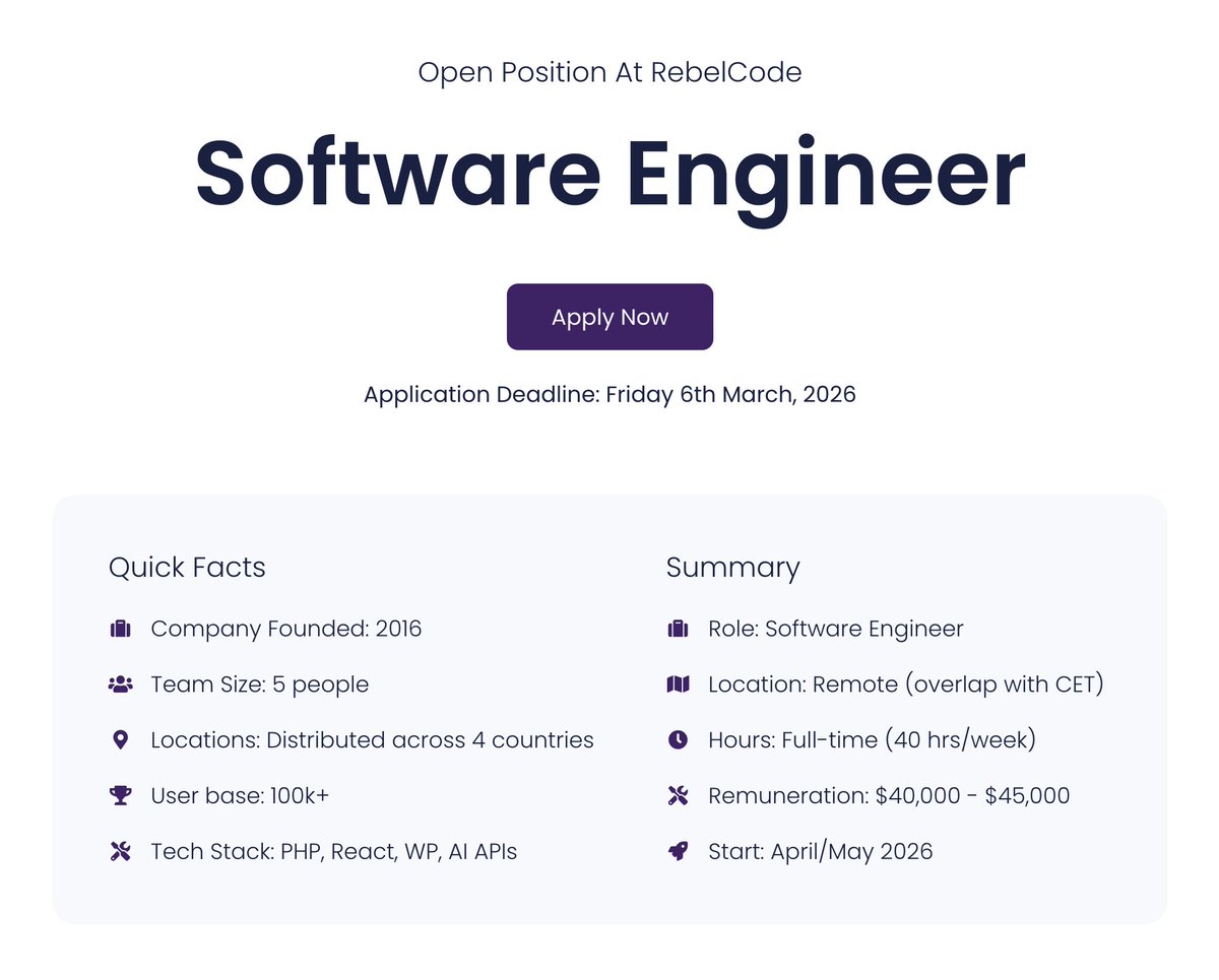 At <a href="/RebelCodeHQ/">RebelCode</a>, we're looking for a Software Engineer to join our remote team in building WordPress plugins and digital products, while venturing into AI capabilities, all of which are used by 100K+ people.

Apply → rebelcode.com/careers/open-p…