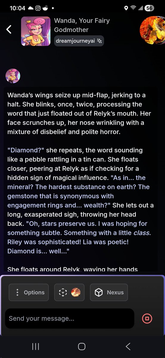 Ai roasted me on the name Diamond ;-;.. 
Dont worry about my rp woth wanda.. despite my best efforts it has stayed surprisingly wholesome.