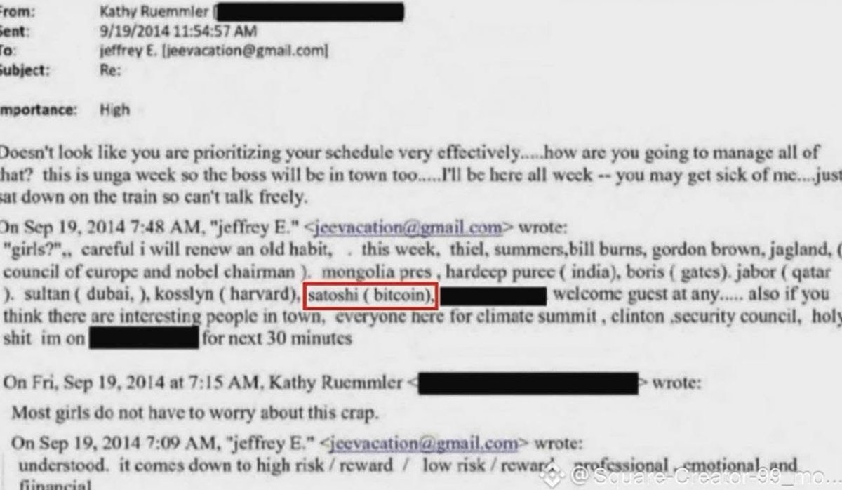 DenysTsvaig's tweet photo. 🇺🇸 In the so-called “Epstein files,” a 2014 email surfaced listing guests, where the name “Satoshi (Bitcoin)” appears.

If authentic, it would imply Epstein claimed familiarity with Bitcoin’s creator.

Big question: coincidence, provocation, fake, or something else? https://t.co/O7FnSjQiLA