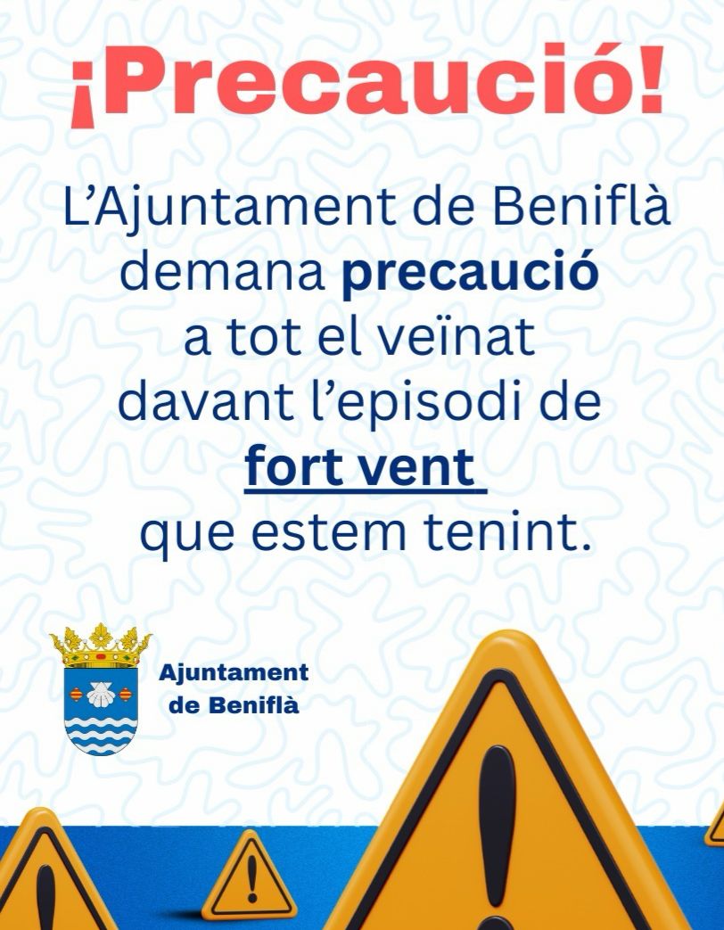 saforguia's tweet photo. ⚠️💨BENIFLÀ RECOMANA A LA CIUTADANIA PRECAUCIÓ DAVANT L'ALERTA PER VENT
Les ratxes de vent poden arribar als 70 km/h
📲https://t.co/MZcrlhBIZl
📸Susa Calafat
💻Més informació i tota l'actualitat en https://t.co/yjmPsiSZzL
#AlertaGroga #AlertaAmarilla #Beniflà #Vent https://t.co/KEWPPrVCIQ
