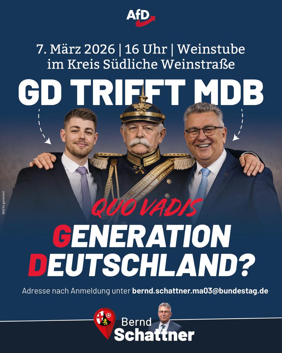 Erster Jugendstammtisch Süd der Generation Rheinland-Pfalz!

Wann? Samstag, 7. März, ab 16 Uhr Wo? Kreis Südliche Weinstraße
Mit wem? <a href="/Schattner_MdB/">Bernd Schattner MdB</a> und Moritz Hillesheim (stv. Vorsitzender GD RLP)

Anmeldung unter: bernd.schattner.ma03@bundestag.de