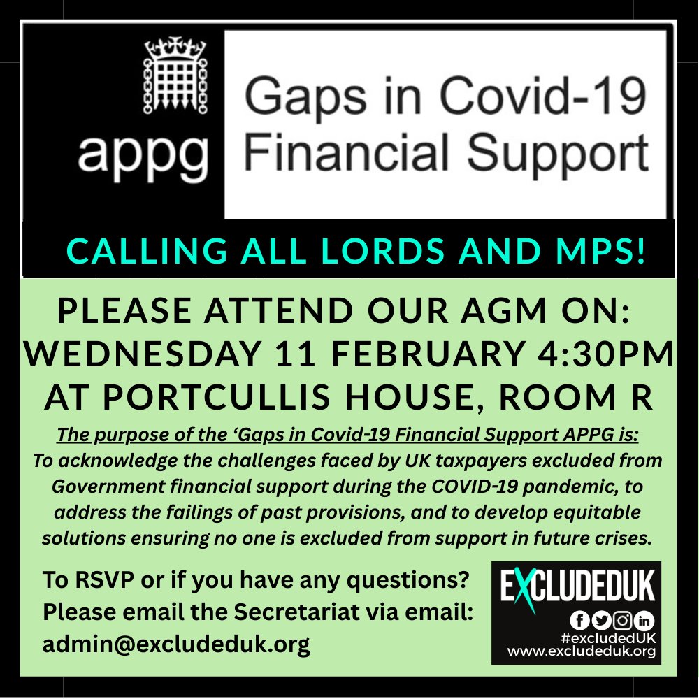 ExcludedUK's tweet photo. 📣 Lords and MPs, please attend the ‘Gaps in Covid-19 Financial Support’ APPG Annual General Meeting

This is an important opportunity to come together, review progress, confirm office holders, and agree priorities for the months ahead, including the ongoing impact of Covid-19 support gaps on small businesses and individuals who were excluded from parity of pandemic support.

🗓️ Wednesday 11 February 2026
🕟 16:30
📍 Portcullis House, Room R
✅ Please RSVP
📩 admin@excludeduk.org
🌐 https://t.co/bmIoivlotd
Dutifully paid in, deliberately left out.

#ExcludedUK #APPGGapsSupport #APPG #Parliament #HouseOfCommons #HouseOfLords #CovidSupportGaps #SmallBusinesses #SelfEmployed