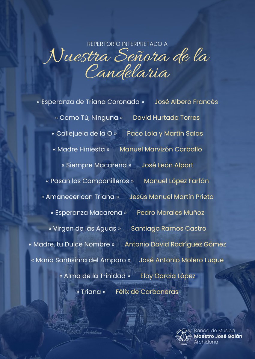 🔵 𝐀𝐂𝐓𝐔𝐀𝐂𝐈𝐎́𝐍

🎼 ¡Os dejamos el #RepertorioMJG interpretado el pasado 1 de febrero tras Ntra. Sra. de la Candelaria de nuestra querida <a href="/Soledad_archi/">Archicofradía de la Soledad - Archidona</a>!

#SuenaMJG #Candelaria #CofradíasMLG