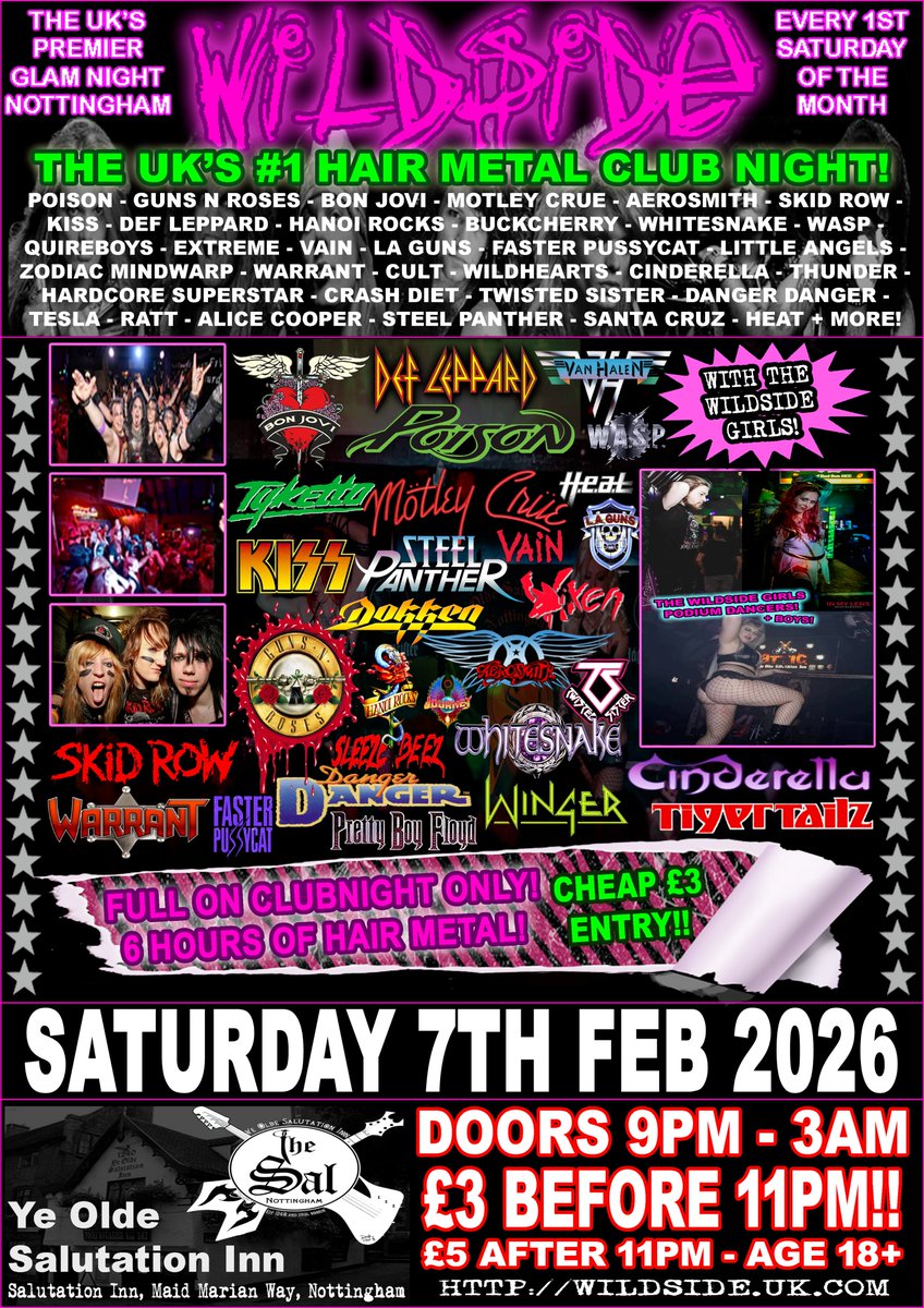 wildside_glam's tweet photo. ⭐️WILDSIDE⭐️ is BACK this Saturday night!  

The best in Hair Metal / Glam / Hard Rock / 80's Rock Anthems / AOR / Melodic Rock / Sleaze 'n' Cheese - LETS PARTY! 🤩

#HairMetal / #Glam / #HardRock / #80sRockAnthems / #AOR

Salutation Inn - Nottingham UK
Saturday 7th Feb
9PM doors https://t.co/tV2MySQrat