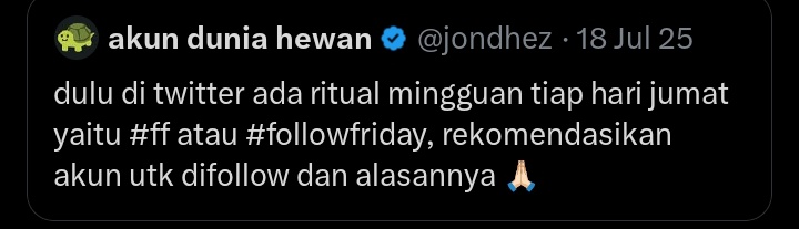 jondhez's tweet image. nah ini, dulu di twitter pernah ada kultur #ff atau #followfriday, tiap hari jumat saling merekomendasikan akun untuk difollow.

dulu sempat pernah bikin kyk gini, tp responnya anyep, mungkin karena budaya &amp;amp; atmosfernya sudah beda.

coba, mumpung sekarang masih jumat, ada gak yg…