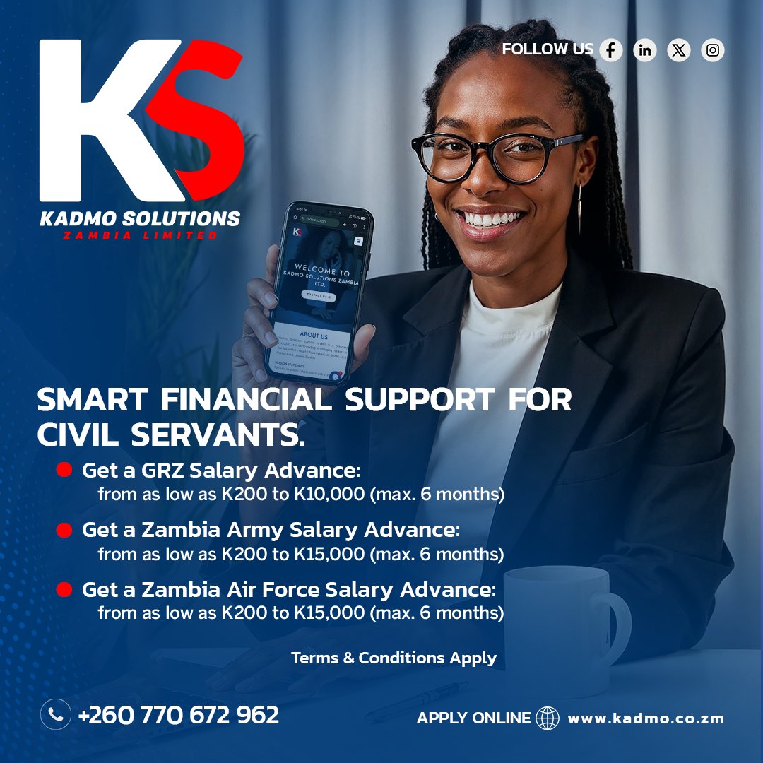 Our Loans are designed to support your family goals, education plans, and everyday needs with care and respect. Apply online at kadmo.co.zm or contact us at +260 974 226 577 today.

#GatewayToFinancialSolutions #KadmoSolutions