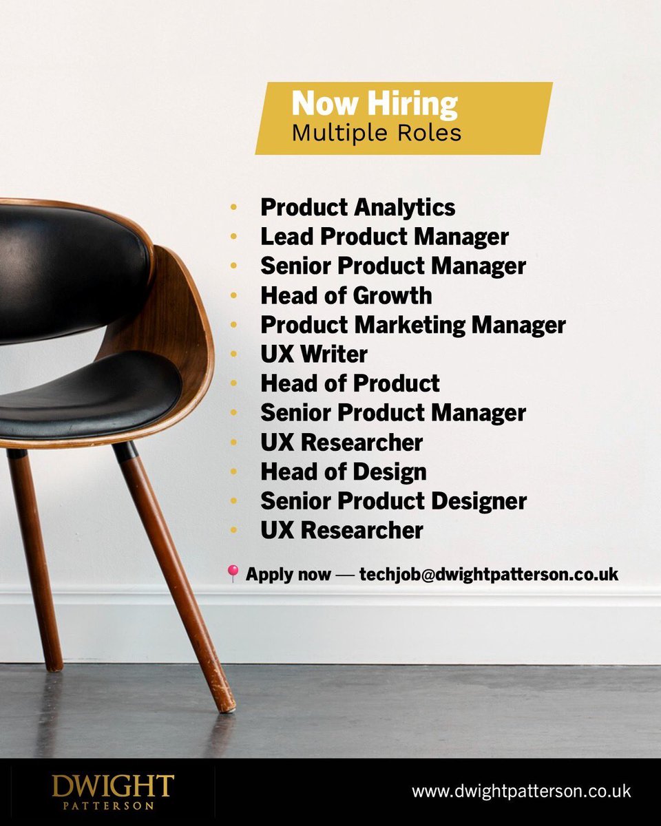 DwtPatterson's tweet photo. Hiring 🚨 
📍 Multiple roles available
📩 Apply now: techjob@dwightpatterson.co.uk

#NowHiring #TechJobs #ProductRoles #DesignCareers #GrowthRoles DwightPatterson HiringTalent https://t.co/Fg1i3aF8cS
