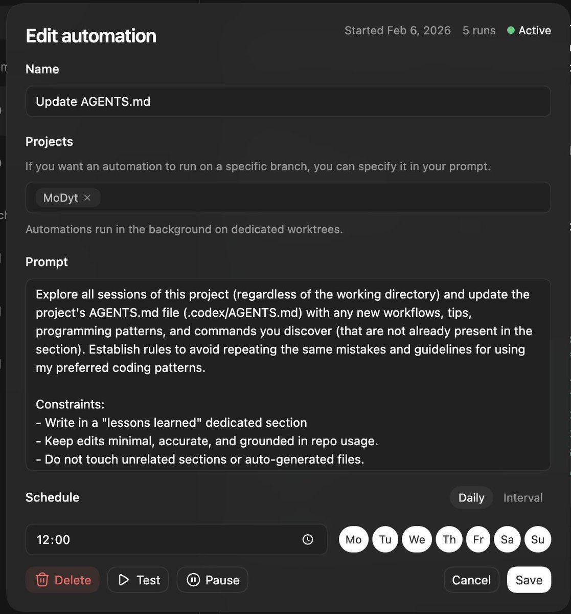 Hi <a href="/OpenAIDevs/">OpenAI Developers</a> 
I'm trying to create an automation for Agent self improvement in Codex macOS. I'm having permission errors when it comes to updating the undefined file. How do you grant writing permissions to the automation session ? <a href="/Dimillian/">Thomas Ricouard</a> <a href="/twannl/">Antoine v.d. SwiftLee </a> any guess ?