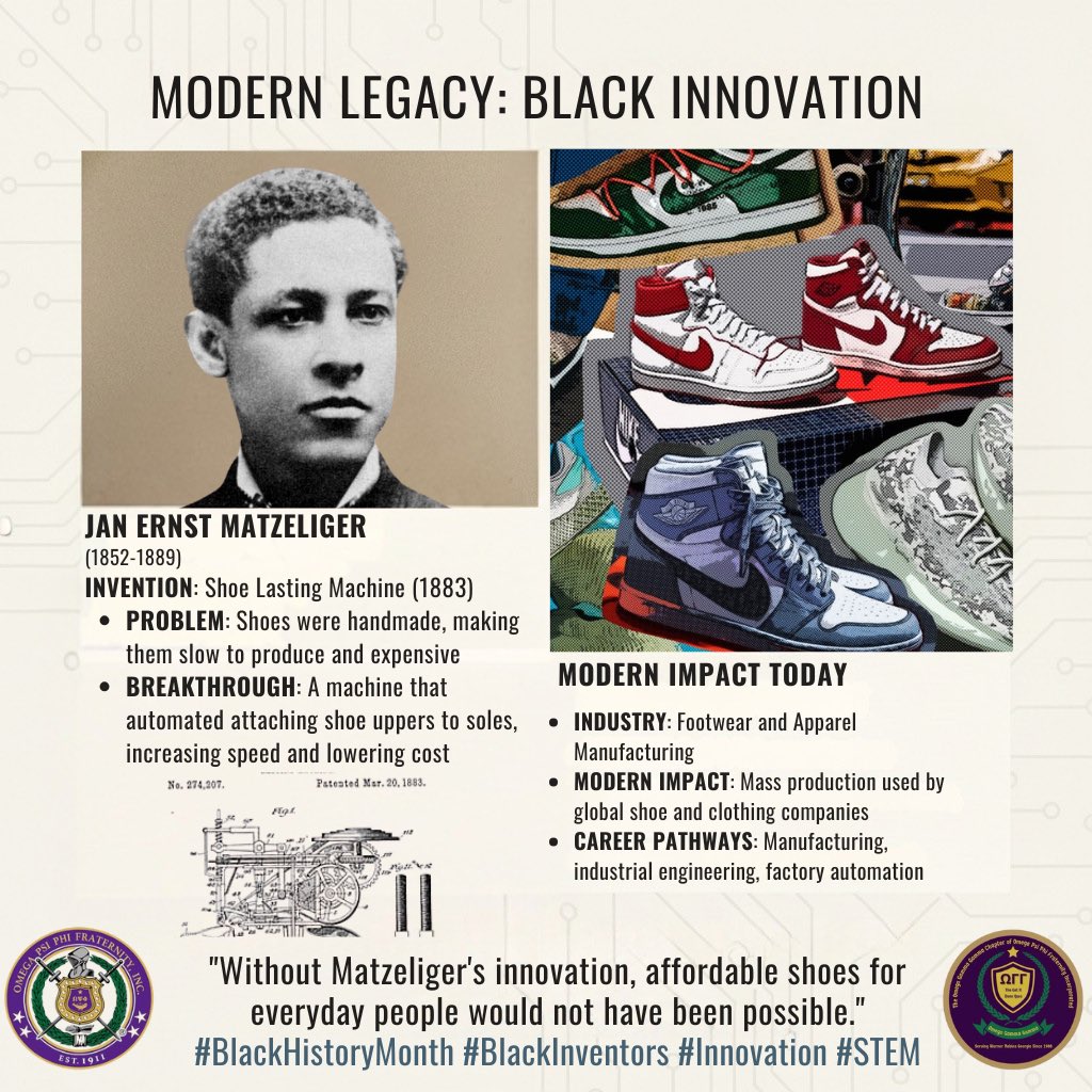 Day 5 of our Black History Month series highlighting Black innovation that still moves the world forward. Jan Ernst Matzeliger invented the shoe lasting machine, making footwear faster to produce and more affordable. His impact is still seen in modern manufacturing.
#BHM #STEM