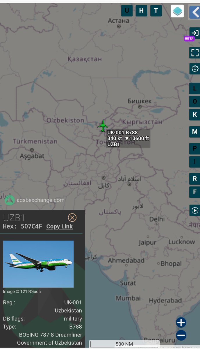 Borrowed7Time's tweet photo. Uzbekistan Govt B787-8 Dreamliner UK-001 #507C4F as UZB1 returning to Tashkent from Islamabad. Pres. Shavkat Mirziyoyev made a two-day state visit to Pakistan.
@sipjack1776 @Dinlas3 @LadyAstroJet 

https://t.co/QeqmTHpOH6 https://t.co/Bax51Fsy1n