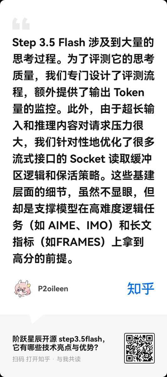 ZhihuFrontier's tweet photo. 🚀What Benchmark Design Tells Us About the Result of Step 3.5 Flash?
Here's a detailed breakdown from model infra engineer & Zhihu contributor P2oileen, who worked directly on the benchmarking infrastructure.

💬"If high scores can't be reproduced, a tech report is just paper."
Since June last year, he's been working on model evaluation at @StepFun_ai, focusing on one core goal:
making training metrics reliable, reproducible, and trustworthy.
And Step 3.5 Flash(196B MoE, A11B) did deliver with good results on different benchmarks. 

🧱 Benchmarking at Scale: Lessons from the Infrastructure
Our evaluation platform now integrates 300+ internal and external benchmarks. Making these scores "real" required fixing a lot of invisible problems:
1️⃣ Failure-aware evaluation
API timeouts, service instability, sandbox crashes—these happen constantly at scale.
Instead of silently assigning low scores, we now:
•  Capture failures across model calls, judgers, tokenizers, and sandboxes
•  Explicitly report failure rates and causes in the UI

2️⃣ Train–Inference consistency
We moved from "convert weights → deploy → test" to in-training evaluation with guarded inference services, eliminating misalignment between training and evaluation.

3️⃣ Managing 300+ benchmarks without chaos
Early on, one maintainer + manual reviews = daily firefighting. Now we have:
•  Standardized onboarding & release processes
•  Clear ownership for every benchmark
•  AI-powered reviewers
•  Experiment with Agents auto-integrating benchmarks

🔍 Making Scores Credible
To ensure metrics actually mean something:
•  Reproduce competitor results internally to verify alignment
•  Check for data contamination by deduplicating evaluation sets
•  Reduce false negatives via:
 -  Prompt engineering (e.g. \boxed{} answer formats)
 -  Upgraded LLM-based judgers
 -  Fixing brittle answer extractors
•  Statistical testing for small datasets (mean + variance)
•  Pretrain-specific strategies: output truncation, stop tokens, few-shot pattern stabilization
•  Prompt alignment is critical. They open-source all System + Question Prompts in the appendix — reproducibility matters more than prompt tricks.

🧠 Reasoning-Heavy & Long-Context Tasks
Step 3.5 Flash produces long, reasoning-dense outputs. We added:
•  Token-level reasoning length monitoring
•  Streamed inference optimizations (socket buffers, keep-alive strategies)
These infra-level details are unglamorous—but they're what make high scores on AIME, IMO, FRAMES actually possible.

📌 Final Takeaway
After 8 months of large-model evaluation, one lesson stands out:
✨Evaluation shouldn't just "follow" training—it should slightly lead it.
For Step 3.5 Flash, strong results came from carefully chosen benchmarks and well-designed evaluation protocols.
Our next goal is to formalize this intuition into scalable quality checks—so evaluation certainty can offset training uncertainty.
We hope this experience is useful to the community—and that it helps power Step 4 and beyond 🚀
Feel free to try Step 3.5 Flash, and happy to discuss benchmarking with fellow practitioners.

📖 Read more: https://t.co/EDn3hPGKFd
🔗 Full evaluation protocols:
https://t.co/vJKWwbSY8Q
#Step35Flash #OpenSource #AI #LLM #MoE #Reasoning #Agent #AIInfra