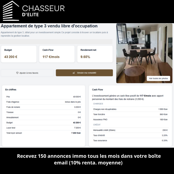 1 jour / 1 annonce Chasseur d'Élite :  Le bien idéal pour se faire la main !    Voici un aperçu d'une annonce immobilière dénichée par nos chasseurs et disponible sur notre plateforme ''Chasseur d'élite''.                                       #investissementslocatifs