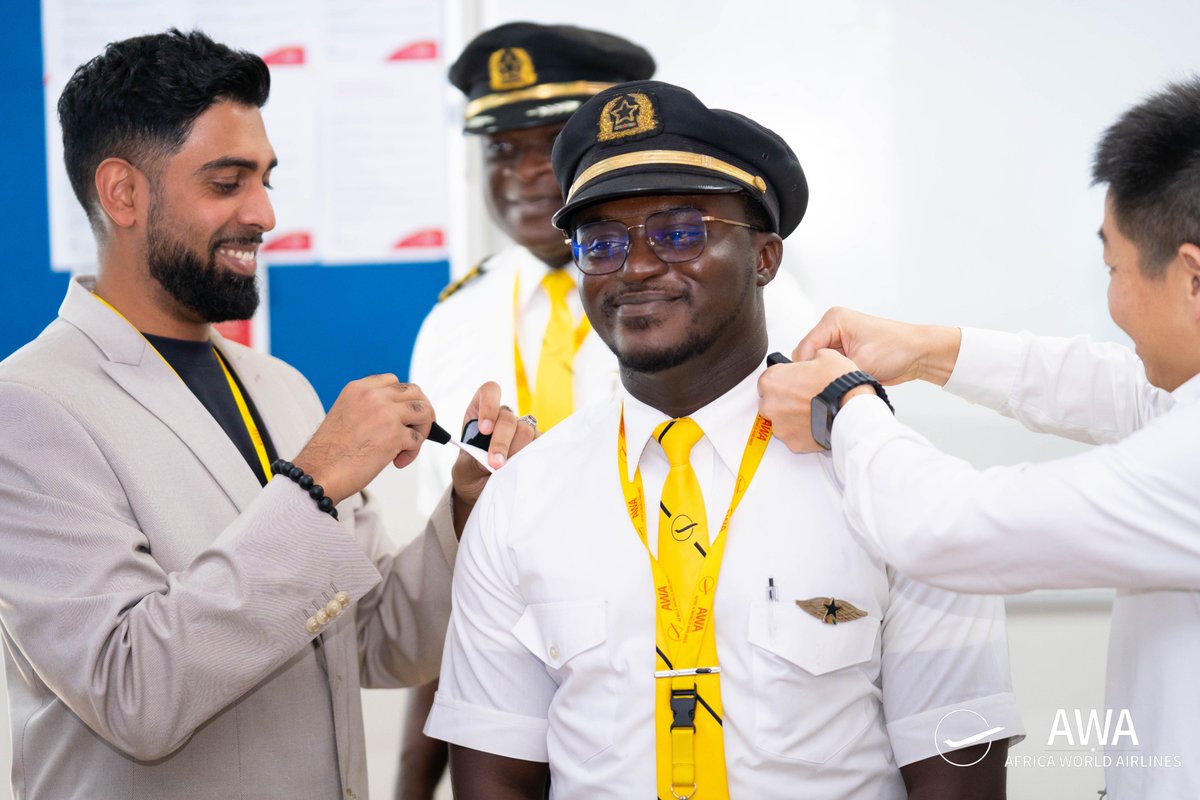 flyafricaworld's tweet photo. Earning the Golden Stripes ✈️🥇 Thousands of flight hours and rigorous training lead here. Today we celebrate our newly promoted pilots carrying AWA’s trust and passenger safety. Wear them with pride! 👏🏾👨🏾‍✈️
#AfricaWorldAirlines #FlyAWA #PilotPromotion https://t.co/FOuADCoO4A