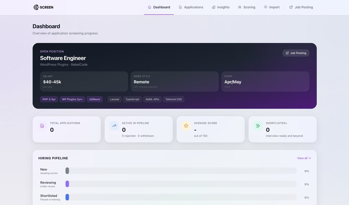 Over the years we've received hundreds of job applications for various roles, spending days reviewing them all.

This time, I built SCREEN with <a href="/claudeai/">Claude</a>, an internal tool to read applications and score candidates against how we work, what we build, and the role's requirements.