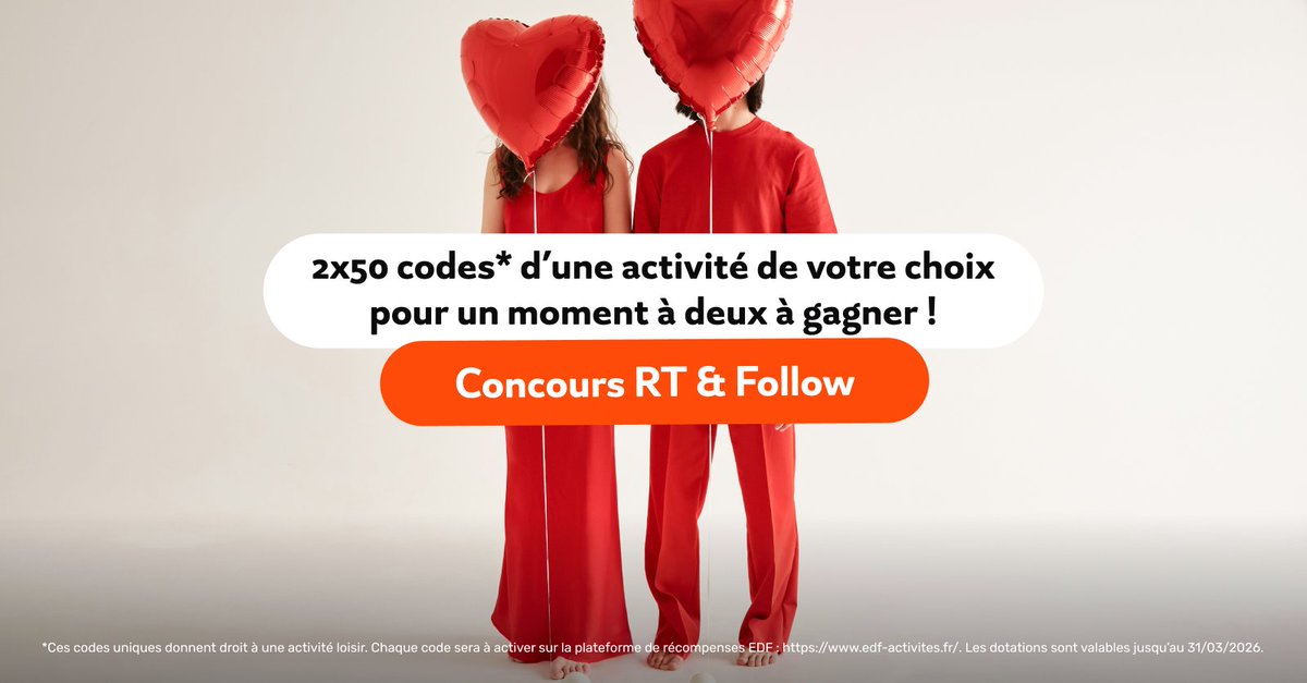 💖 CONCOURS #MomentADeux 💖

Et si vous partagiez un moment en duo… ou en solo ? 😍

🎁 2×50 codes cadeaux à gagner pour profiter d’une activité loisir de votre choix !

Pour participer : RT &amp; Follow <a href="/Sowee_Officiel/">SoweebyEDF</a>

📢 Tirage au sort : 16/02/26

#Concours #SaintValentin