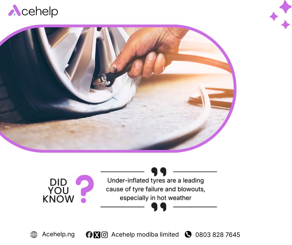 acehelp_ng's tweet photo. Did You Know?
Under-inflated tyres bend too much, heat up, and can fail suddenly. 
Studies show under-inflation is a leading cause of tire bursts (MSEA Journal, 2021).

Our drivers check safety essentials before every ride.
📩 Want to travel safer? 
 Hire a trained driver today https://t.co/KyfaO7XmKT