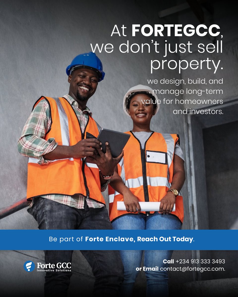 "Happy Friday!  At ForteGCC, every project is more than bricks and concrete—it’s a vision brought to life. 

We don’t just offer services — we deliver solutions.

#fortegcc
#abujarealestate #abujaproperties #abuja #realestate #abujabusiness #abujarealtor #wuse #realestateagent