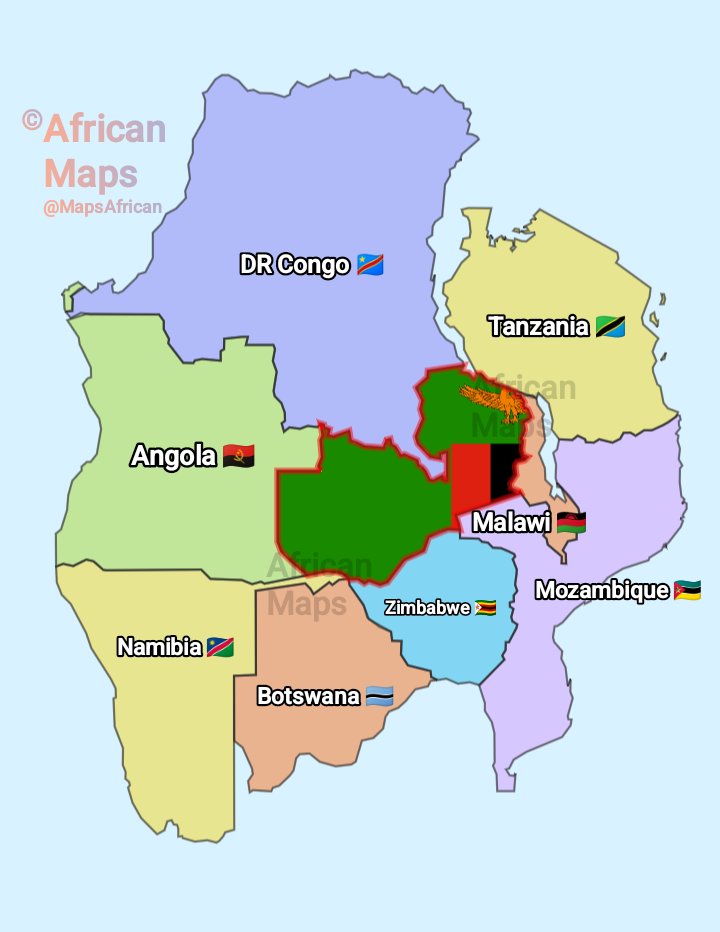 Zambia 🇿🇲 and the countries it shares borders with.