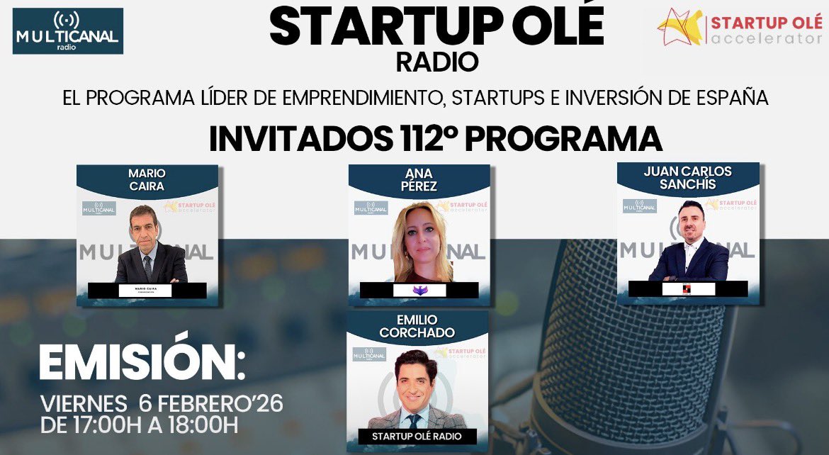 📌No te pierdas el programa de radio N°112 en
<a href="/multicanalradio/">Multicanal Radio</a> 
📍Hoy, invitados Mario Caira, Co-Founder de <a href="/Obj17alliance/">objetivo 17</a> 

Ana Pérez García, CEO de #FeenixX y Juan Carlos Sanchis, CEO de
Finance&amp;Fintech

• Presenta Emilio Corchado Startup Ole
✅ Recuerda a las 17:00 horas.