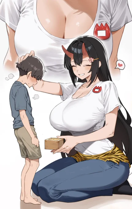 地域の節分イベントで子供と交流する鬼娘と、なぜか悶々として眠れない夜を過ごすことになるたかしくんの絵です