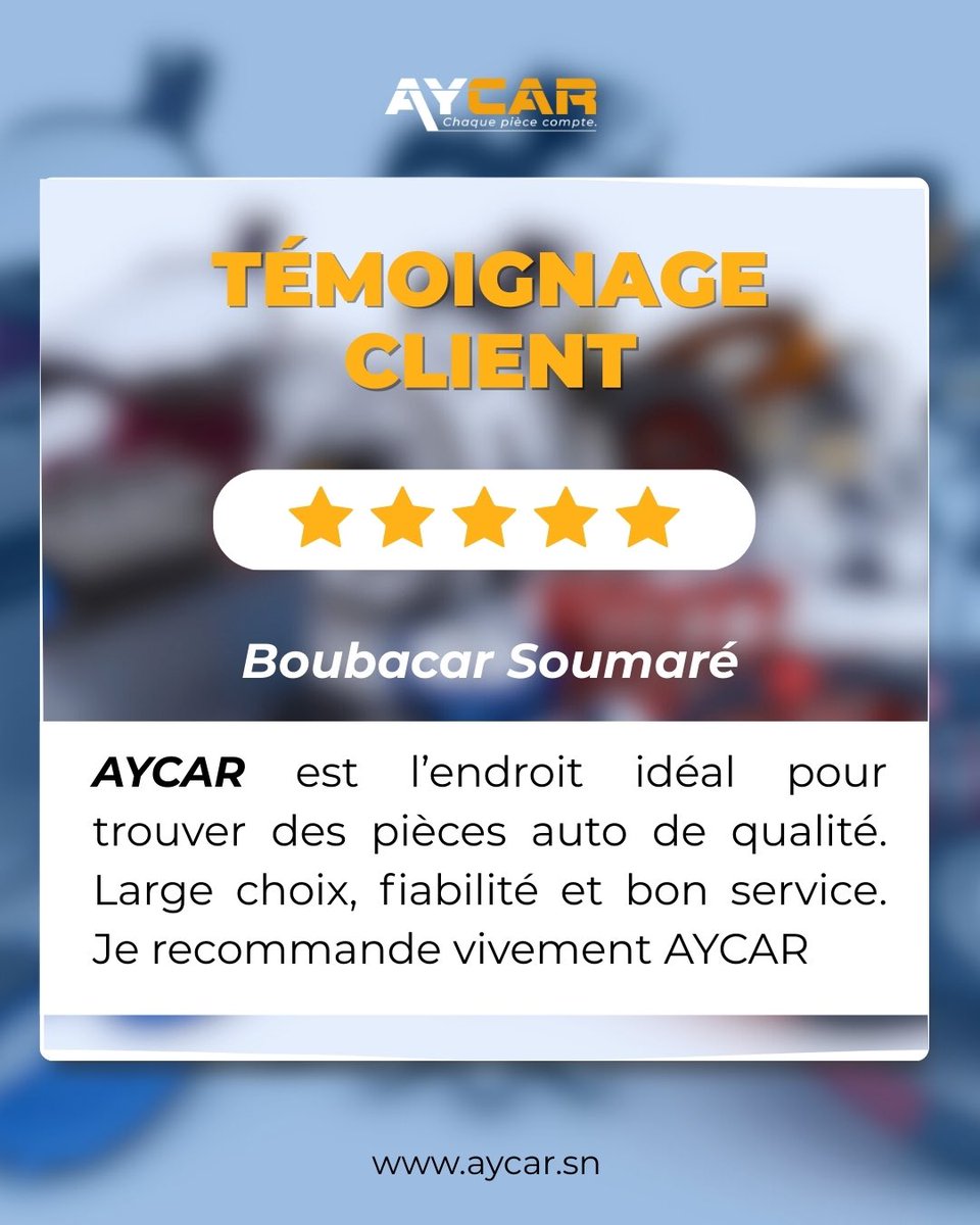 Aycar_sn's tweet photo. ✨ Témoignage client

« AYCAR est l’endroit idéal pour trouver des pièces auto de qualité. Large choix, fiabilité et bon service. Je recommande vivement ! »

🚗 Passez nous voir chez AYCAR et équipez votre voiture avec les meilleures pièces.

#AYCAR #piècesauto #auto #témoignage https://t.co/TCdYh2Sftk