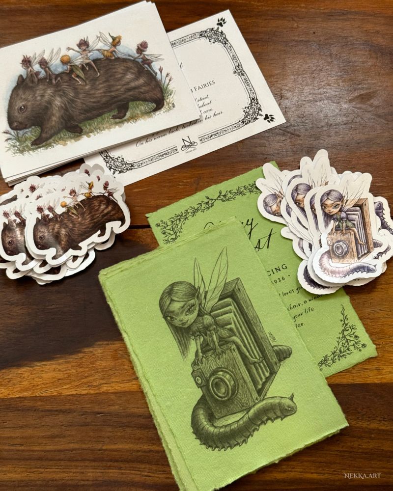 This month's Patreon rewards are now out! If you pledge on Patreon before the end of February, you will receive this wombat print &amp; poem, fairy quest and sticker. Join the Mail Coven on Patreon! 🧚🏻 → patreon.com/nekkasart