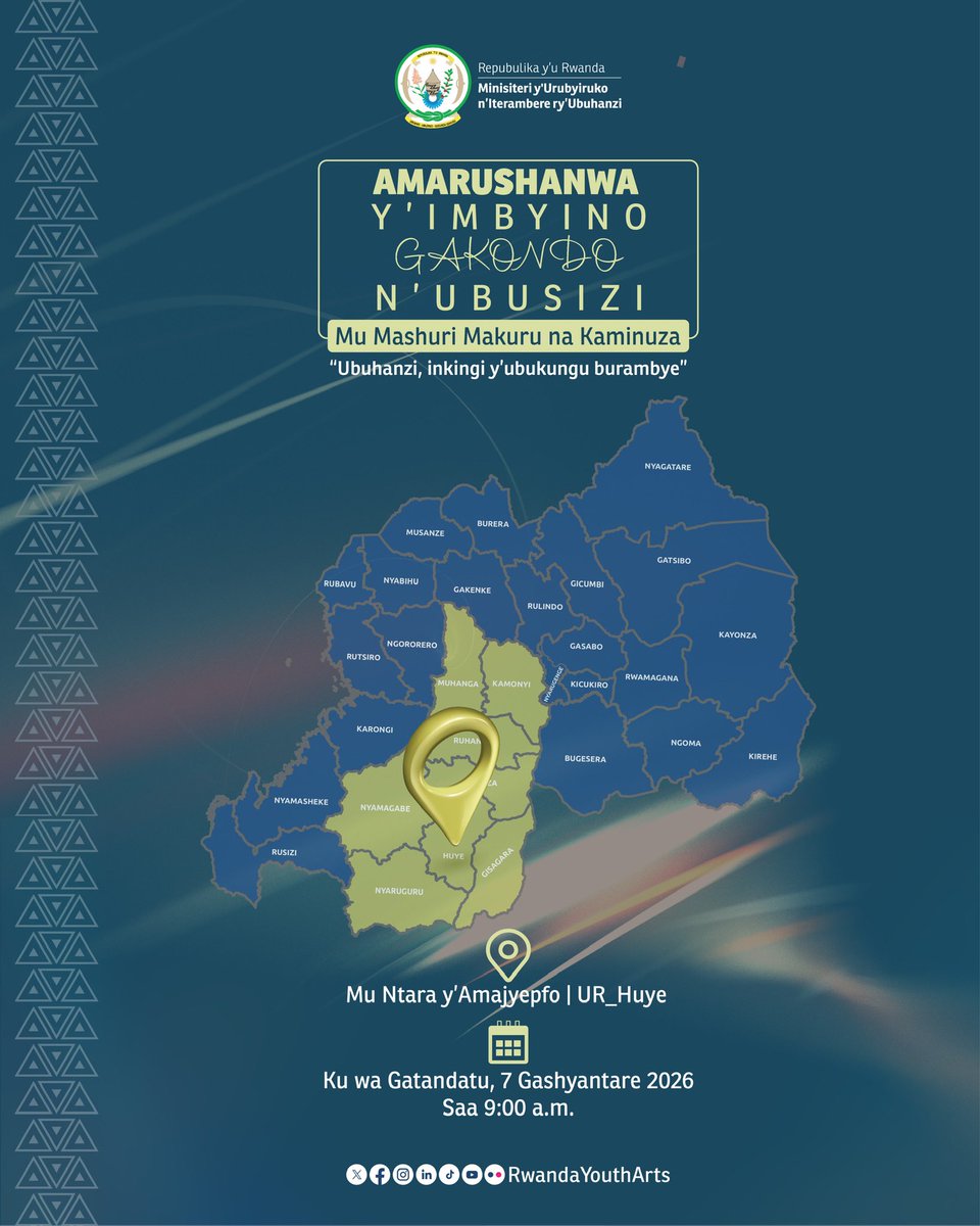 RwandaYouthArts's tweet photo. 🛑TURABARARITSE!
 
Kuri uyu wa Gatandatu, tariki 7.02.2026, Amarushanwa y’Imbyino Gakondo n’Ubusizi mu Mashuri Makuru na Kaminuza arakomereza mu Ntara y’Amajyepfo muri UR_Huye. Amatorero 4 n’Abasizi 8 nibo bazarushanwa muri @RwandaSouth. #UmwimerereWacu https://t.co/2UfEAo9syB