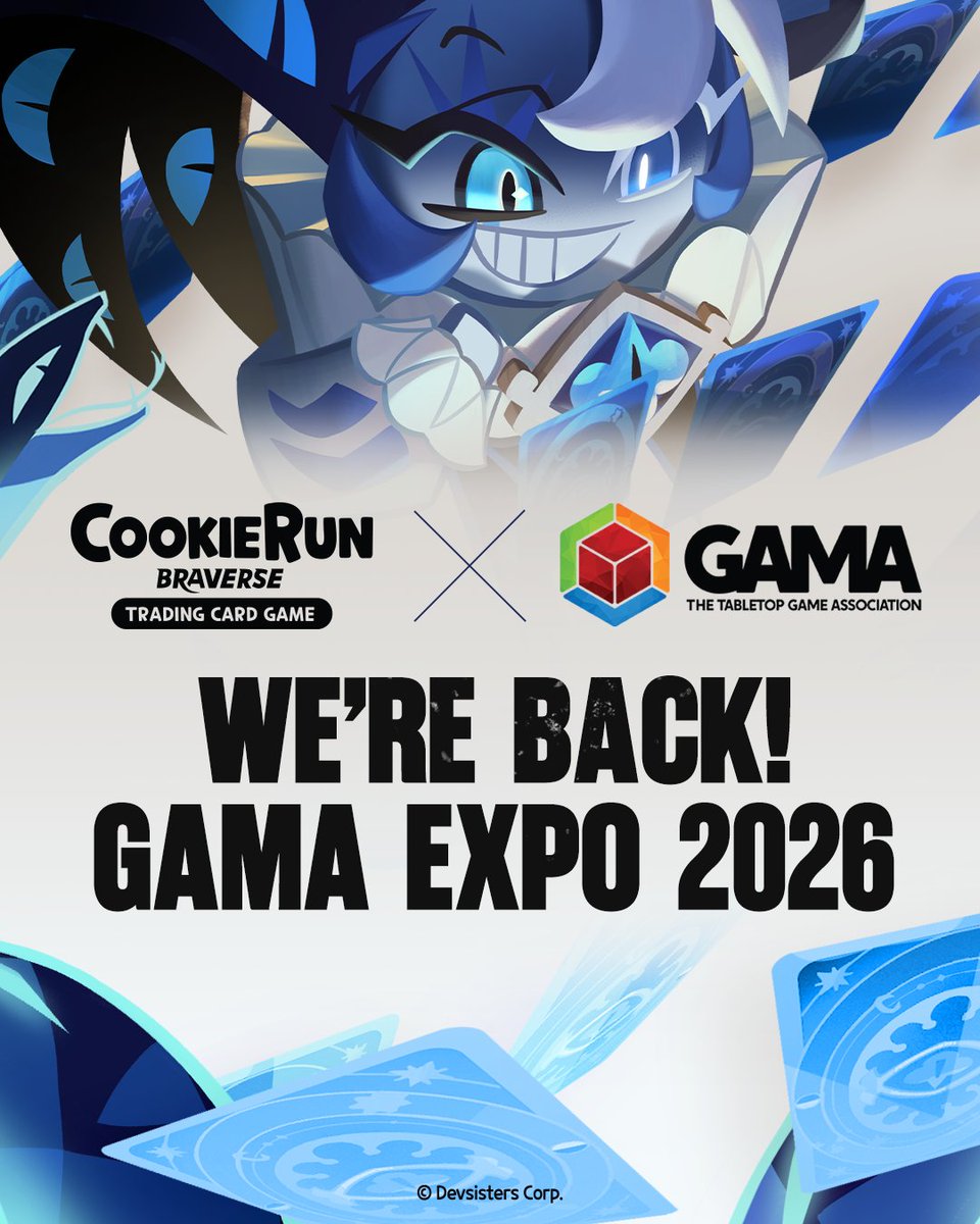 CRBraverseEN's tweet photo. 📢 Important News for Store Owners! 

CookieRun: Braverse TCG is back for GAMA Expo 2026! 🍪

We’re returning to Louisville to share our 2026 roadmap and new retailer support programs.

⚠️ Note: This is a trade-only event for GAMA members.
 
🔗 Full Details: https://t.co/dMHghzBpjo

#CookieRun #CookieRunBraverse #CookieRunBraverseTCG #GAMAExpo2026