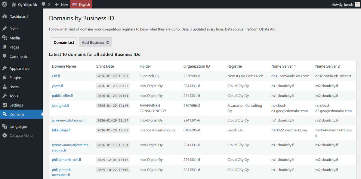 Vakoile kilpailijoita! Yritykset varaavat domainit hyvissä ajoin ennen uuden tuotteen, palvelun tai sivuston julkaisua. Tällä ilmaisella WordPress-lisäosalla voit seurata mitä he varaavat. Syötä vaan seurattavien yritysten Y-tunnukset.
github.com/kendafi/domain…