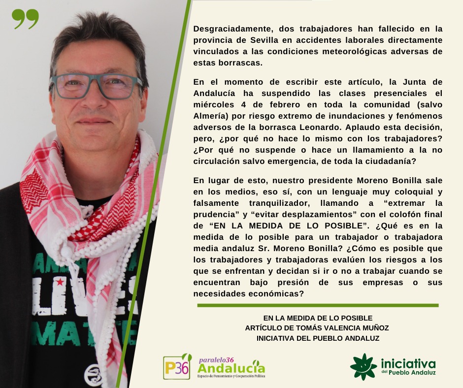EN LA MEDIDA DE LO POSIBLE 

✍️Artículo del compañero Tomás Valencia para <a href="/PARALELO36ANDAL/">PARALELO36ANDALUCIA</a>

Hacer que las/os trabajadoras/os vayan a trabajar bajo riesgos. No intervenir para garantizar la seguridad de toda la ciudadanía. 

📎paralelo36andalucia.com/en-la-medida-d…