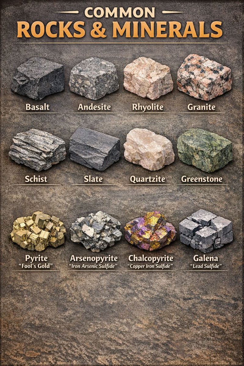 mustasharna's tweet photo. هل سمعت عن "ذهب الحمقاء"؟ 🤔
البيريت (Pyrite) يشبه الذهب لدرجة كبيرة لكن قيمته تختلف تماماً! الصورة توضح الفرق بينه وبين صخور أساسية مثل البازلت والجرانيت.
عالم الجيولوجيا مليء بالأسرار:
🔸 الجرانيت: صخر صلب نستخدمه في مطابخنا.
🔸 الأردواز (Slate): يُستخدم في الأسقف والأرضيات.
🔸 الجالينا: المعدن الأساسي لاستخراج الرصاص.
الأرض كنز لا ينتهي! 🌍⛏️
#جيولوجيا #صخور #معادن #البيئة #معلومة_في_صورة #علم_الأرض