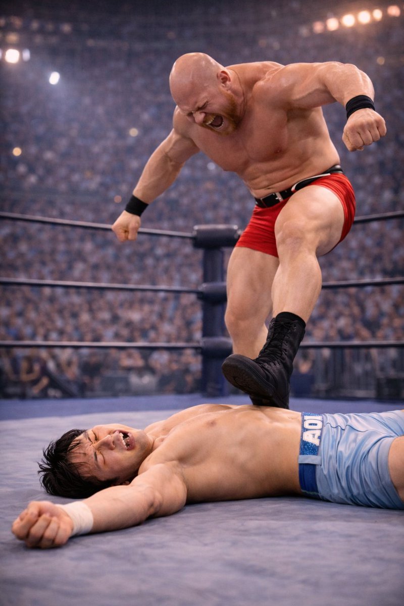wrestlebulgfan's tweet photo. 完全に打ち負かされた体が、マットに沈む。#プロレス #prowrestling #wrestling #レスラー #筋肉 #マッチョ #ガチムチ #パワー #踏みつけ #攻防 #リングの攻防 #支配 #男同士 #フィジカル #bodypower #闘い #aiart #AIイラスト https://t.co/imoDcwqrT2