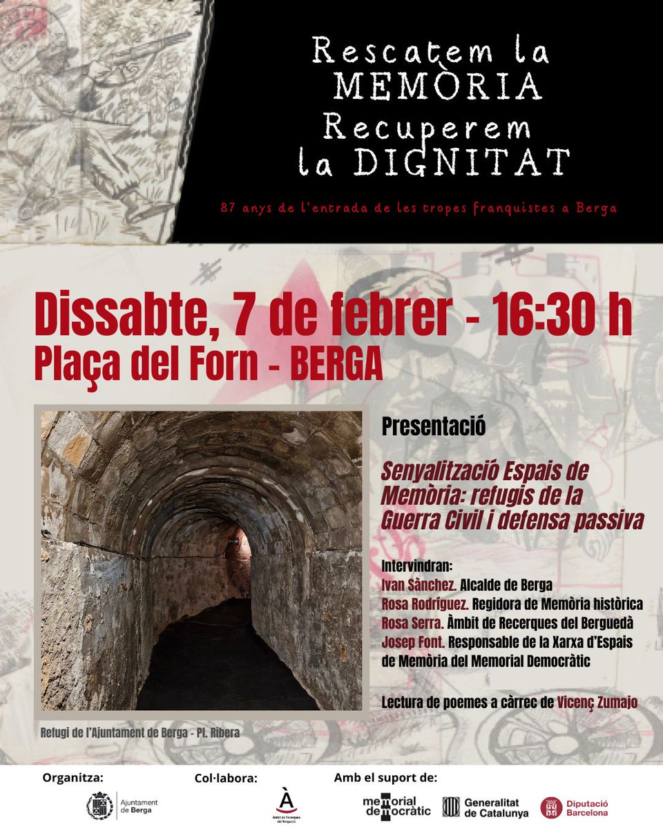📢 En el marc del projecte ‘Xarxa d’Espais de Memòria’, que promou la Generalitat de Catalunya a través del Memorial Democràtic, s’ha creat tres elements informatius sobre els refugis antiaeris de la ciutat, que es presentarà el dissabte 7 de febrer, a la pl. Forn, a les 16:30 h.