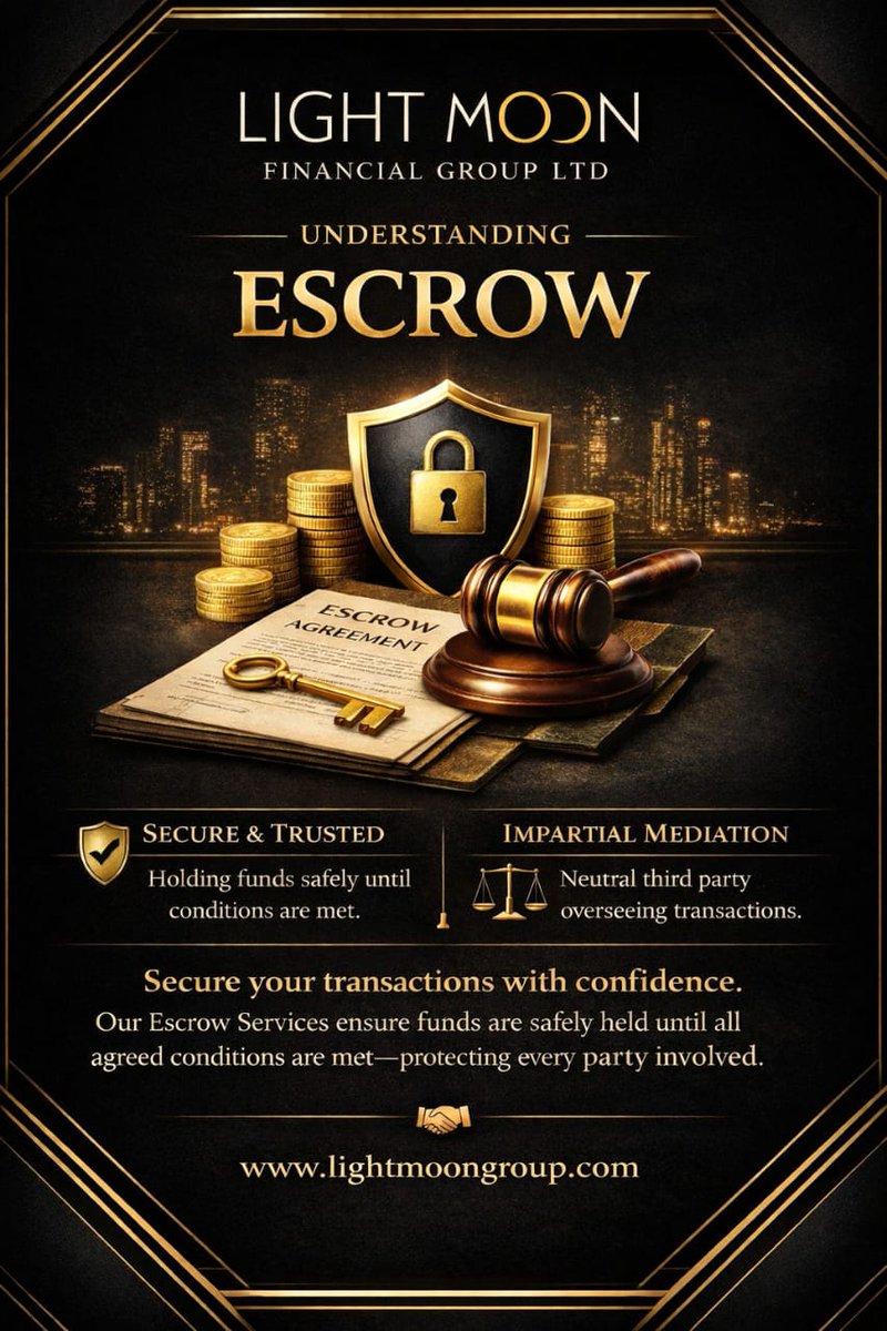 Confidence begins with security. 🔐
At Light Moon Financial Group Ltd, our Escrow Services safeguard your funds until all conditions are met—ensuring trust, transparency, and peace of mind.
#EscrowServices #SecureTransactions
#FinancialSecurity #ThirdPartyProtection  #Investment
