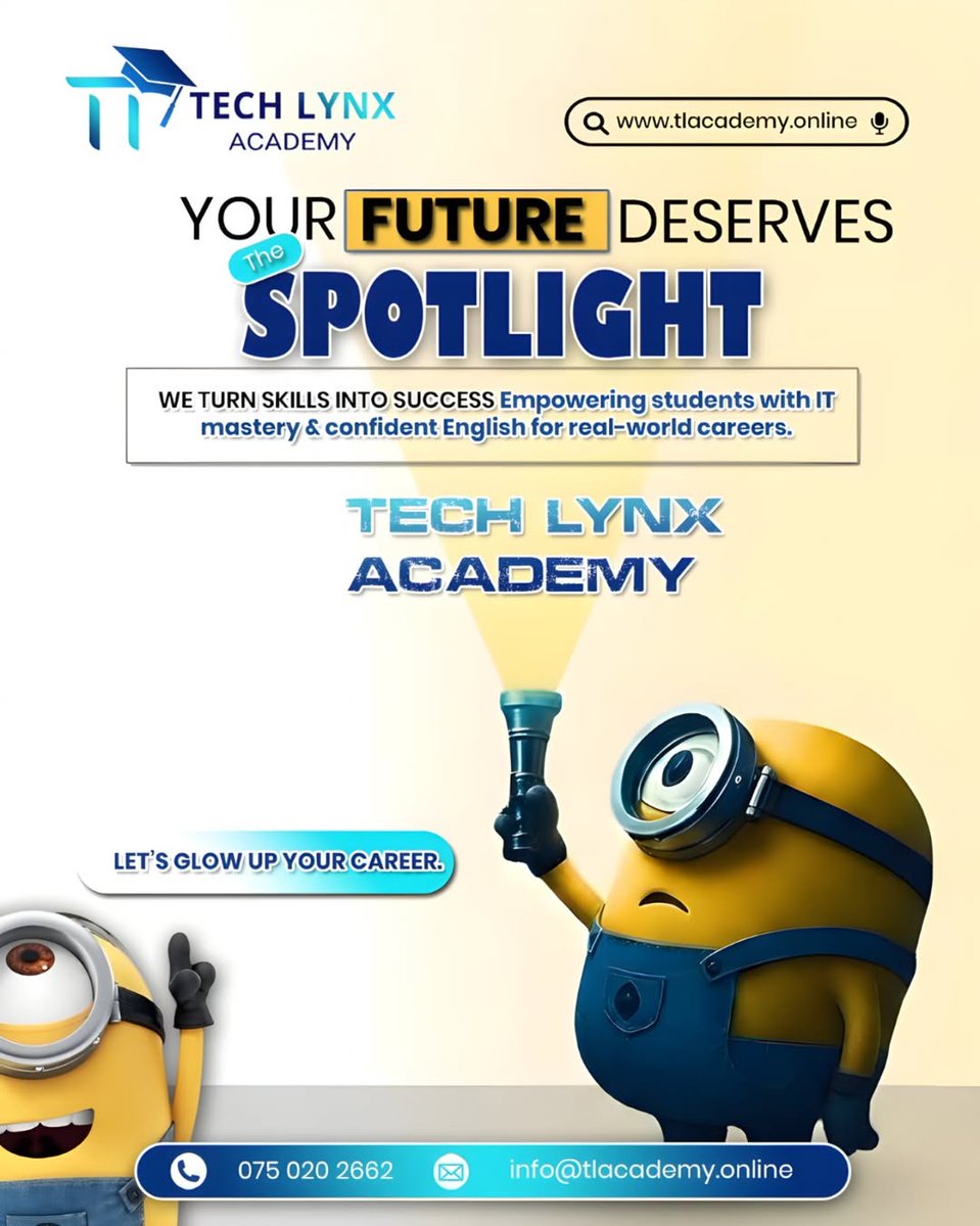 TechlynxAcademy's tweet photo. Your future deserves the spotlight. ✨

Let’s glow up your career. 🚀

🌐 https://t.co/b3zj0ZbgcZ
📞 075 020 2662
📩 info@tlacademy.online

#TechLynxAcademy #SkillToSuccess #CareerGlowUp #ITTraining #SpokenEnglish https://t.co/O7l8Y7T7eQ