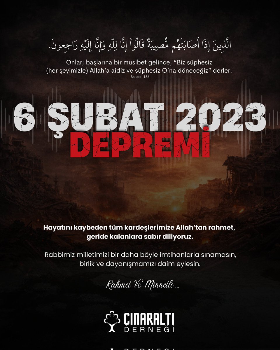 cinaraltider's tweet photo. 6 Şubat 2023’te, 11 ilimizi derinden sarsan ve binlerce canımızı aramızdan alan Asrın Felaketinin acısı hâlâ yüreğimizde…

Hayatını kaybeden tüm kardeşlerimize Allah’tan rahmet, geride kalanlara sabır diliyoruz.

#6Şubat https://t.co/aLmzGkBzHP