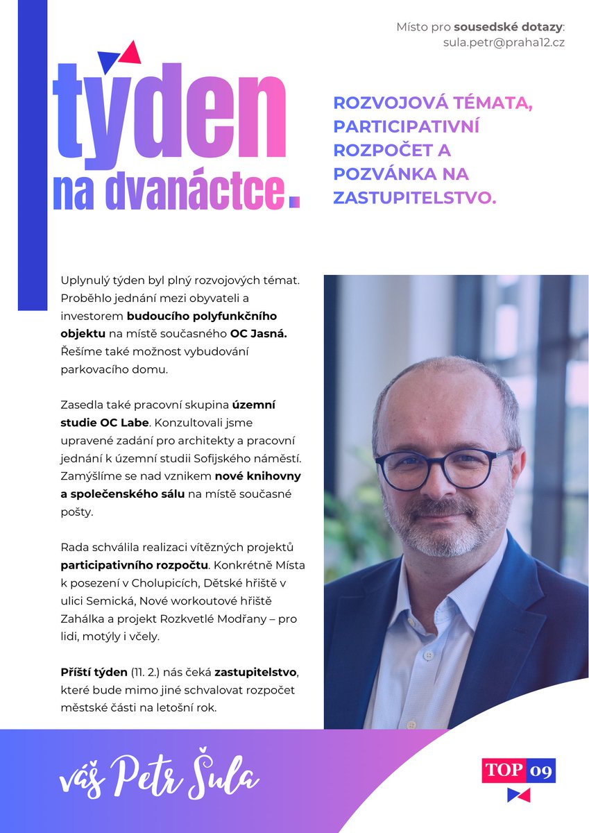 PetrSula_P12's tweet photo. Týden na Praze 12: jednání s investory, územní studie, participativní rozpočet.
A příští týden schvalování rozpočtu městské části. https://t.co/1X0sqxguEv