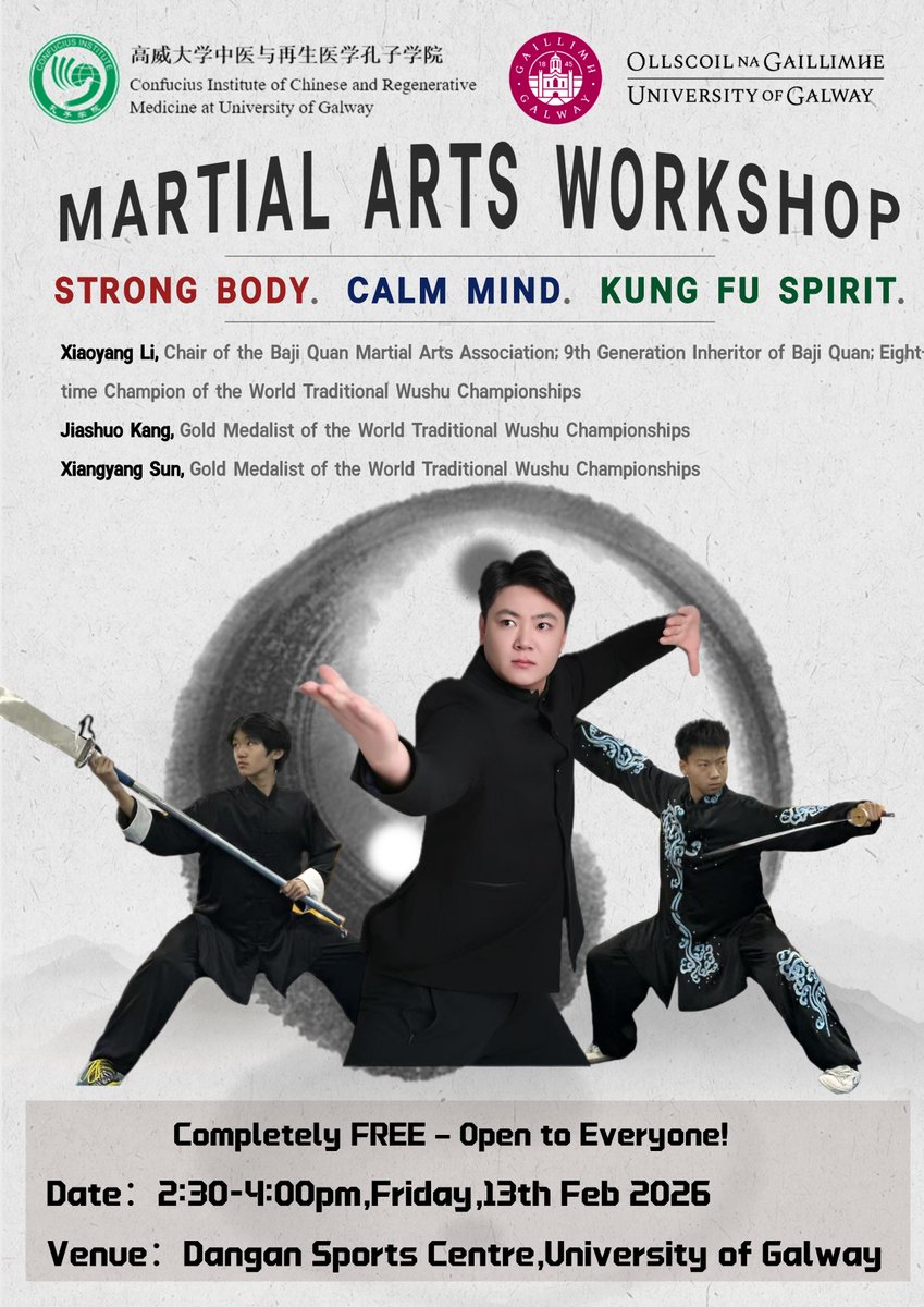 ConfuciusInst13's tweet photo. 📷 MARTIAL ARTS WORKSHOP — FREE EVENT!
Build a strong body, nurture a calm mind, and awaken your Kung Fu spirit! 📷
Join us next Friday, 13th Feb 2026, for an inspiring martial arts workshop led by internationally acclaimed Wushu champions. Everyone is welcome! https://t.co/F7tFKDMsyY