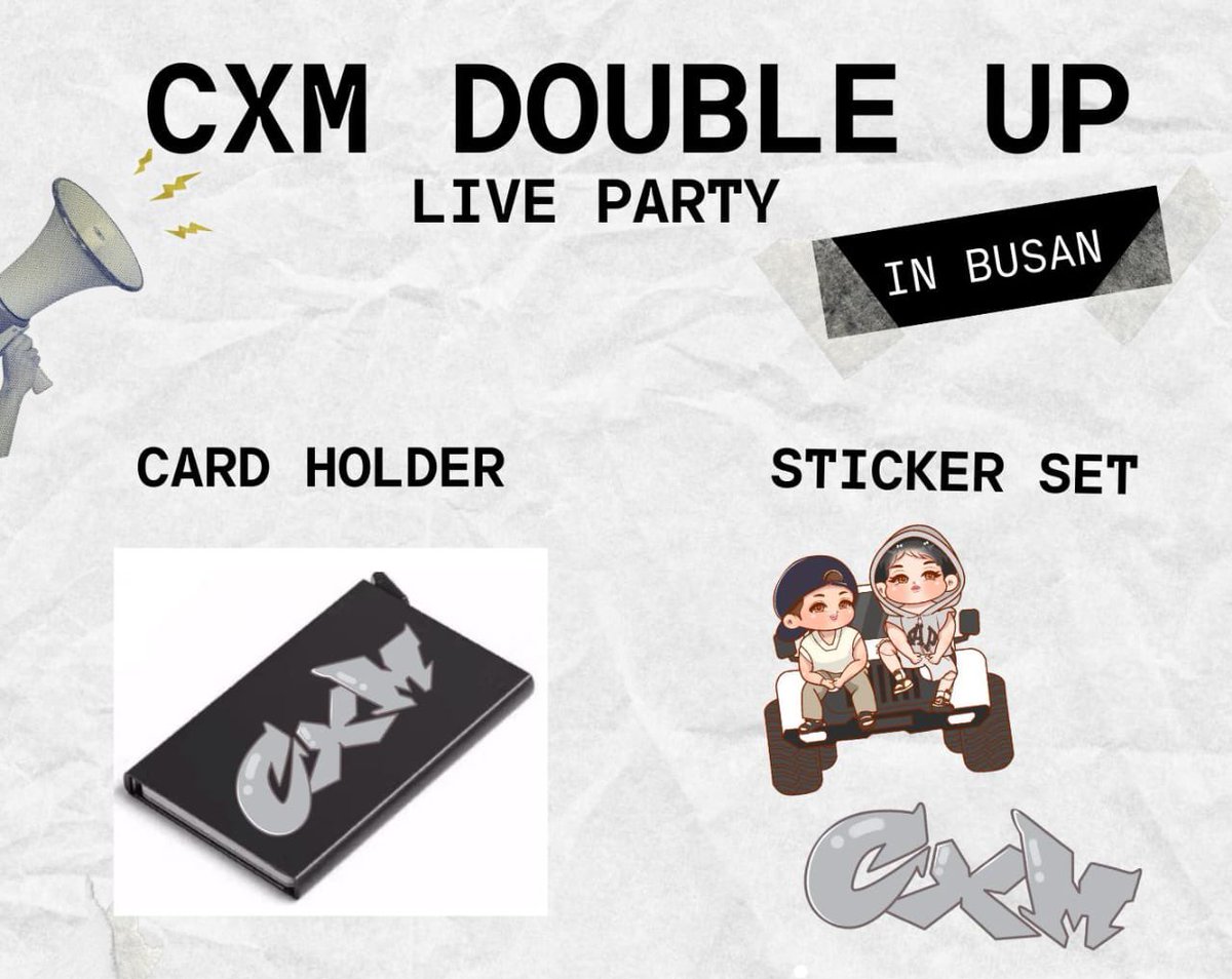 CXM [DOUBLE UP] LIVE PARTY in BUSAN

🖤CXM 부산 나눔 공지🖤

▪️날짜: 2월 13일 첫콘
▪️물품: Card holder &amp; 스티커 세트
▪️착장&amp;장소: 당일 타래 공지

많은 관심 부탁드려요~