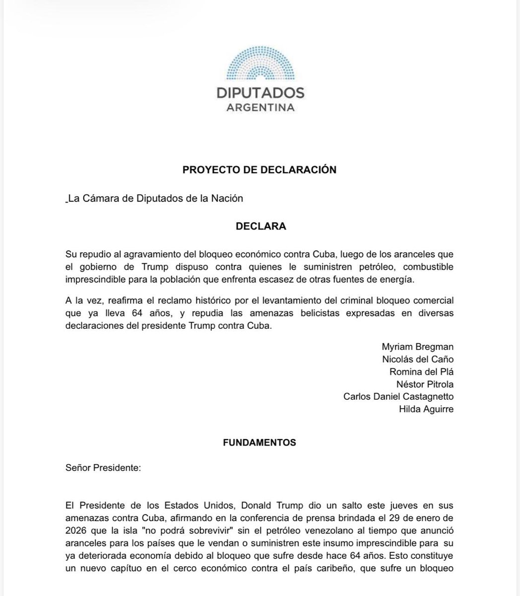 myriambregman's tweet image. Proyecto que presentamos junto a otros diputados y diputadas en @DiputadosAR frente al agravamiento del bloqueo criminal a Cuba.
El Congreso Nacional debe pronunciarse.