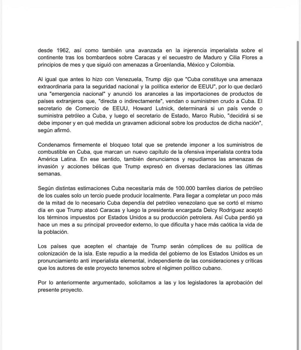 myriambregman's tweet image. Proyecto que presentamos junto a otros diputados y diputadas en @DiputadosAR frente al agravamiento del bloqueo criminal a Cuba.
El Congreso Nacional debe pronunciarse.